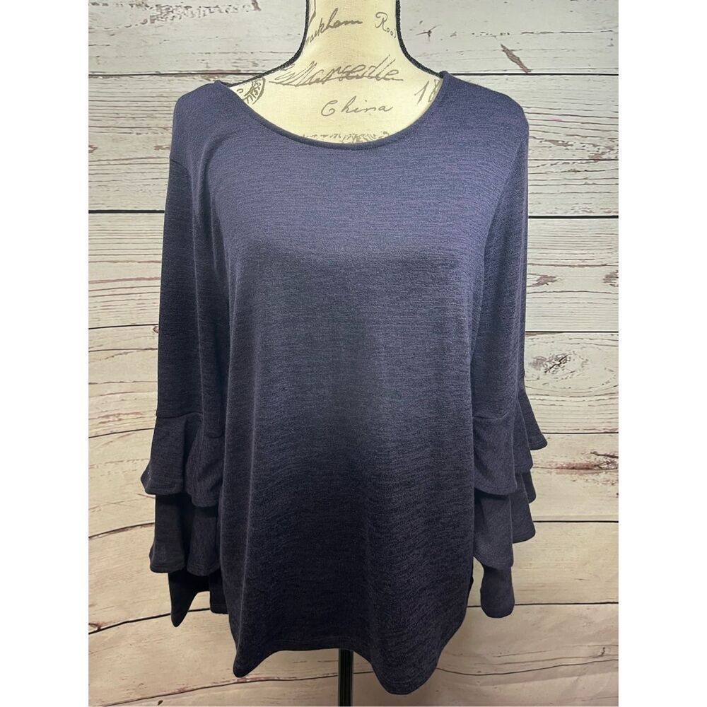 Style & Co Womens Navy Blue Tiered Ruffle Long Sleeve Knit Top Blouse Size M